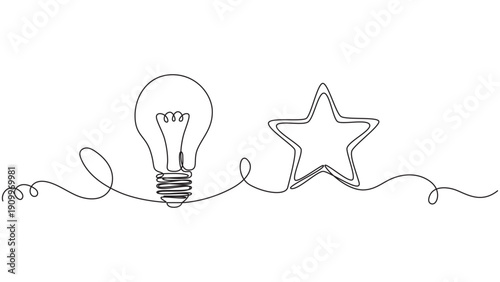 Continuous line drawing of a light bulb and a star, symbolizing ideas, creativity, and success.