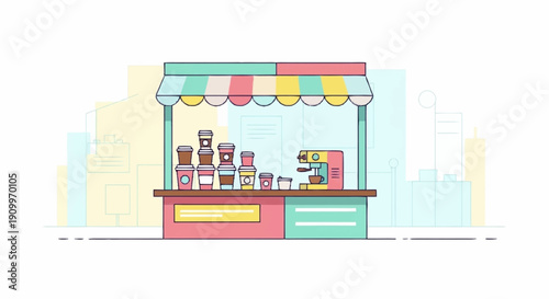 Illustration of a Street Coffee Shop with Coffee Machine and Disposable Cups