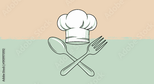 Minimalist Chef Hat with Crossed Spoon and Fork on Duotone Background