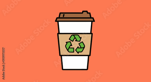 Recyclable Coffee Cup with Green Symbol on Orange Background