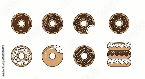 Set of Delicious Chocolate and Glazed Donuts with Sprinkles
