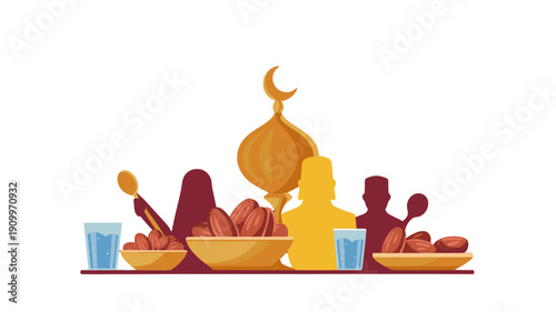 A depiction of a gathering with food, lantern, and the moon, symbolizing a cultural celebration.