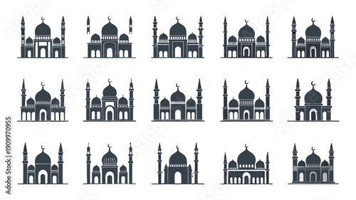 Various Mosque Silhouette Designs, Suitable for Religious Themes 