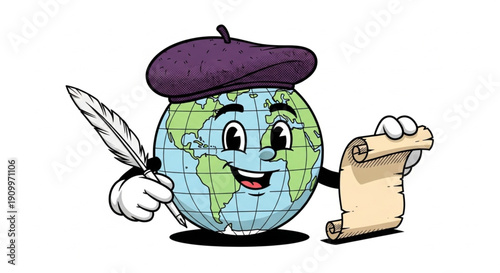 World Poetry Day Whimsical planet character with a beret holding a quill and scroll, symbolizing global knowledge, artistic expression, and historical narratives