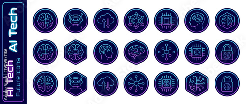 Set of futuristic AI technology icons featuring artificial intelligence concepts like digital brains, robots, cloud computing, neural networks, microchips, and data security in neon glow design.