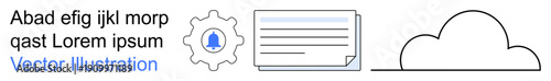 Cloud technology, data storage, notifications, online documents, digital organization, workflow management. Gear icon, notification bell document symbol cloud outline. Cloud technology and data