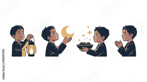 A child's spiritual journey with a lantern, a crescent moon, a bowl, and prayers.