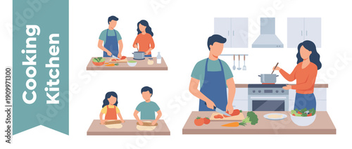 Happy Family Cooking Together in Modern Kitchen Flat Vector Illustration Set. Man Chopping Fresh Vegetables, Woman Stirring Pot, and Children Rolling Dough for Healthy Homemade Meal Preparation.