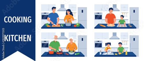 Flat vector illustration set of family members cooking and cleaning in a modern kitchen: young couple, father and son baking, elderly couple preparing food, and children washing dishes together.