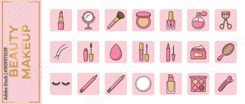 Set of Beauty and Makeup Icons Featuring Pink and Gold Cosmetic Products Like Lipstick, Mascara, Perfume, and Brushes for Feminine Skincare, Grooming, and Fashion Illustration Vector Graphics.