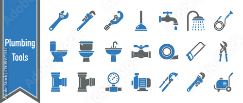 Professional plumbing tool icon set for repair and maintenance services, featuring wrenches, faucets, toilets, sinks, pipes, and specialized equipment in a clean blue and gray flat vector design.