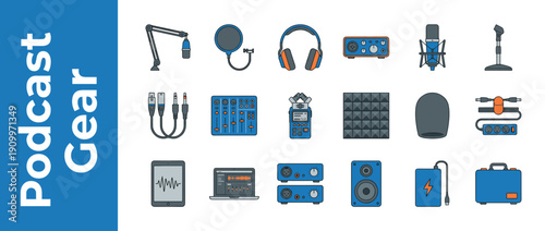 Comprehensive Podcast Gear Icon Set with Microphone, Boom Arm, Pop Filter, Studio Headphones, Audio Interface, Mixer, Portable Recorder, Acoustic Foam, and Cables for Professional Audio Production.