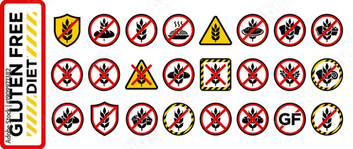 Comprehensive set of gluten free diet icons and symbols for food packaging. Includes wheat free warning signs, celiac disease awareness graphics, and healthy nutrition labels in various shapes.