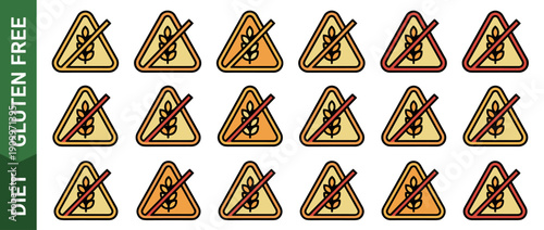 Gluten free diet icons set with crossed out wheat stalk in triangle warning signs. Collection of symbols for celiac disease, food allergies, healthy eating, and dietary labels for packaging.