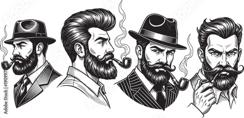 Four men with beards and pipes in black and white style male mustache