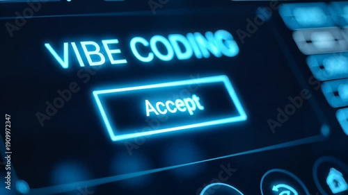Glowing neon 'VIBE CODING' interface with 'Accept' button being pressed by a finger, showcasing futuristic digital interaction and modern technology, symbolizing innovation and digital acceptance