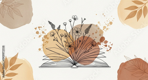 World Poetry Day Open book with blooming wildflowers and leaves, representing knowledge, nature, and tranquility
