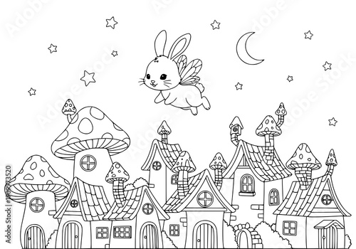 Cute rabbit with small fairy wings flying above a fantasy village, tiny houses, stars and moon in the sky, whimsical fairy tale world
