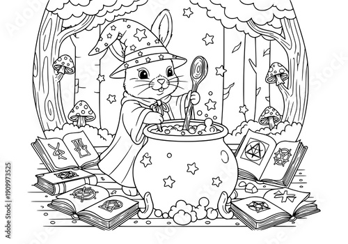 Little rabbit dressed as a wizard stirring a bubbling potion in a big cauldron, spell books and stars around, magical laboratory in forest, fantasy fairy tale illustration