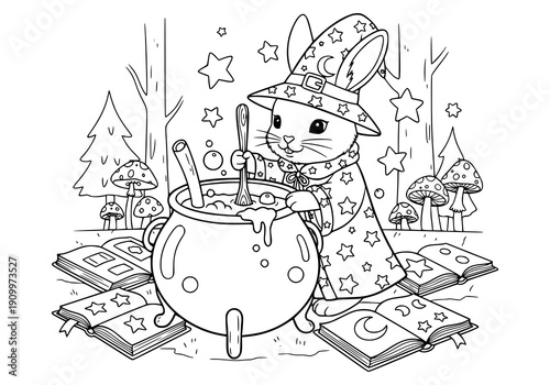 Little rabbit dressed as a wizard stirring a bubbling potion in a big cauldron, spell books and stars around, magical laboratory in forest, fantasy fairy tale illustration