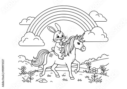 Funny cartoon horse vector illustration for a wild animal coloring book page featuring a black outline farm mammal design