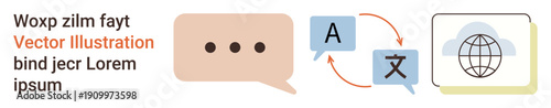 Language learning, global communication, translation software, localization, multilingual services, online platforms. Speech bubble with dots, language icons globe. Language learning and global