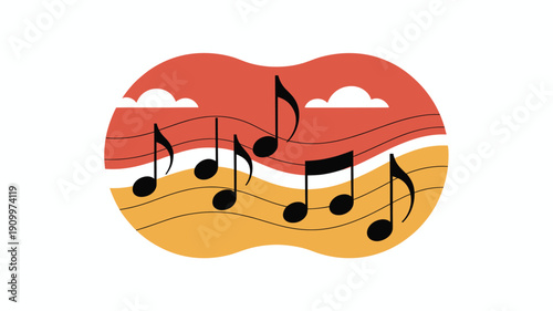 A vibrant vector graphic illustration of musical notes in a colorful sunset landscape design