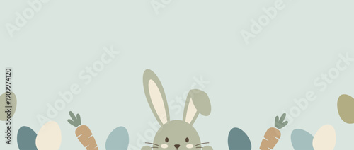 Panoramic Easter Vector Banner Illustration of a Cute Bunny Peeking from the Bottom Edge with Scattered Pastel Eggs and Carrots on a Light Blue Background, Ideal for Spring Holiday Greeting Cards.