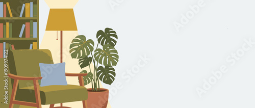 Panoramic Vector Banner Illustration of a Cozy Home Interior Corner featuring a Mid-Century Modern Armchair, Blue Pillow, Floor Lamp, Potted Monstera Plant, and Bookshelf with Copy Space for Text