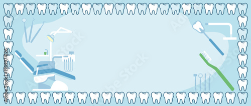 Professional Dental Clinic Panoramic Vector Banner with Tooth Border, Dental Chair, Toothbrush, and Medical Tools. Clean Blue Background with Copy Space for Dentistry Services and Oral Care.