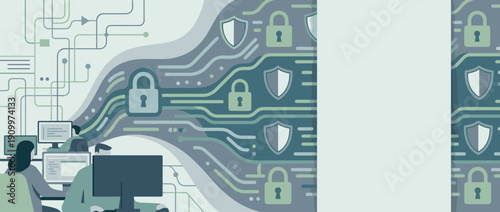 Panoramic vector banner illustration of a cybersecurity training program featuring IT professionals working on computers with digital network lines, padlocks, and shields for data protection.