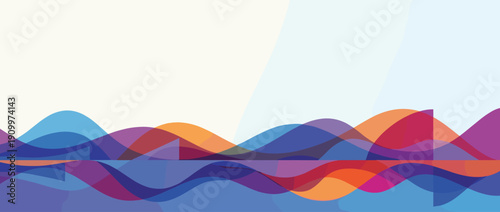 Panoramic vector banner illustration of an abstract music festival sound wave with vibrant colorful overlapping layers and ample copy space for digital audio frequency and modern design.