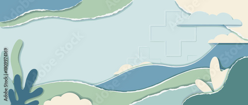 Panoramic Healthcare Vector Banner Illustration with Subtle Medical Cross Pattern, Paper-Cut Style Layers, Abstract Medical Background with Organic Shapes, Clouds, Soft Blue and Green Colors.