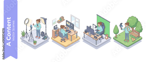 Set of 4 Isometric Vector Scenes of a Content Creator Filming with Ring Lights, Editing Video, Live Streaming with a Green Screen, and Vlogging Outdoors with a Gimbal Stabilizer and Dog in a Park.