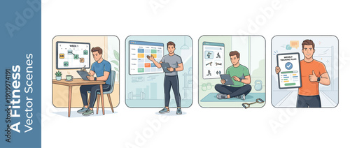 Set of four vector illustrations of a male fitness coach building a personalized weekly training plan on a tablet, featuring scenes of scheduling, exercise selection, and presenting the final goal.