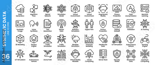 Comprehensive Set of 36 Synthetic Data and Simulation Line Icons featuring Machine Learning, Neural Networks, Virtual Reality, Digital Twin, Autonomous Vehicles, AI Training, and Cloud Computing.