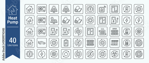 40 Heat Pump and Sustainable Home Energy Retrofit Line Icons. Vector Symbols for Renewable Heating, Solar Power, Insulation, EV Charging, Battery Storage, Radiators, and Green Technology.