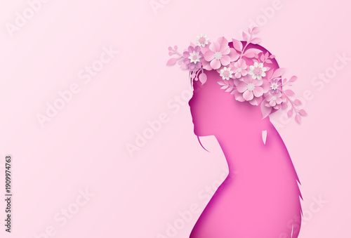 Paper art style vector illustration of a beautiful woman silhouette with floral wreath in her hair, International Women's Day concept.