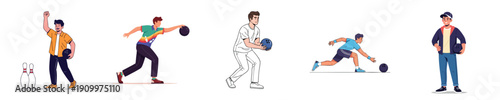 Bowling Players Action Throwing Ball Poses Flat Design Sport Vector Set