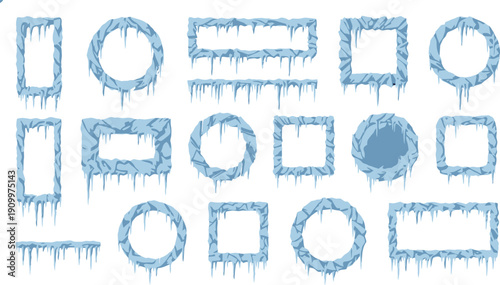 Square and round cartoon ice and snow frames with icicles and snow caps, empty circle and square borders, Christmas decoration vector elements, festive winter designs for greeting cards, backgrounds, 