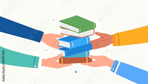 Illustration of multiple hands passing a stack of colorful books, representing sharing
