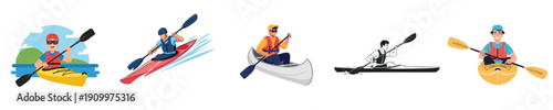 Kayak Paddling Man Outdoor Water Recreation Summer Flat Vector Illustration Set
