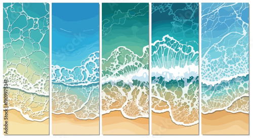 Cartoon sea wave on beach sand top view, tropical vacation and summer travel poster backdrop, ocean shore vector illustration set for summer, beach, holiday, travel, and tropical design projects