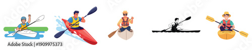 Kayaking Adventure Men Paddling Water Sport Outdoor Flat Vector Set