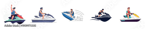 Jet Ski Leisure Riding Water Recreation Summer Holiday Flat Vector Collection