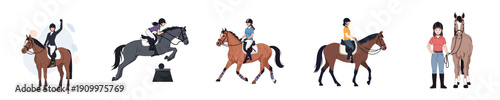 Women Equestrian Horse Riding Training Stable Multi Pose Flat Vector Set