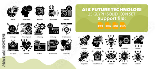 Set of 25 solid glyph icons related to artificial intelligence.