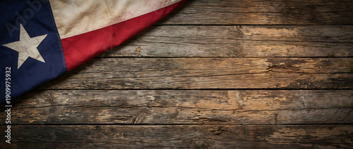 A rustic Texas flag with a single white star and red stripe draped over a weathered wooden background, evoking a sense of history and patriotism.