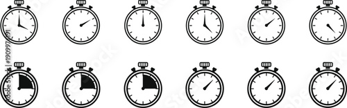 Black and White Stopwatch Icon Set with Various Time Intervals and Chronometer Symbols for Business Productivity, Sports Training, and Deadline Management Designs