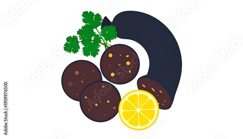 Illustration of sliced blood sausage with parsley and lemon against a white backdrop